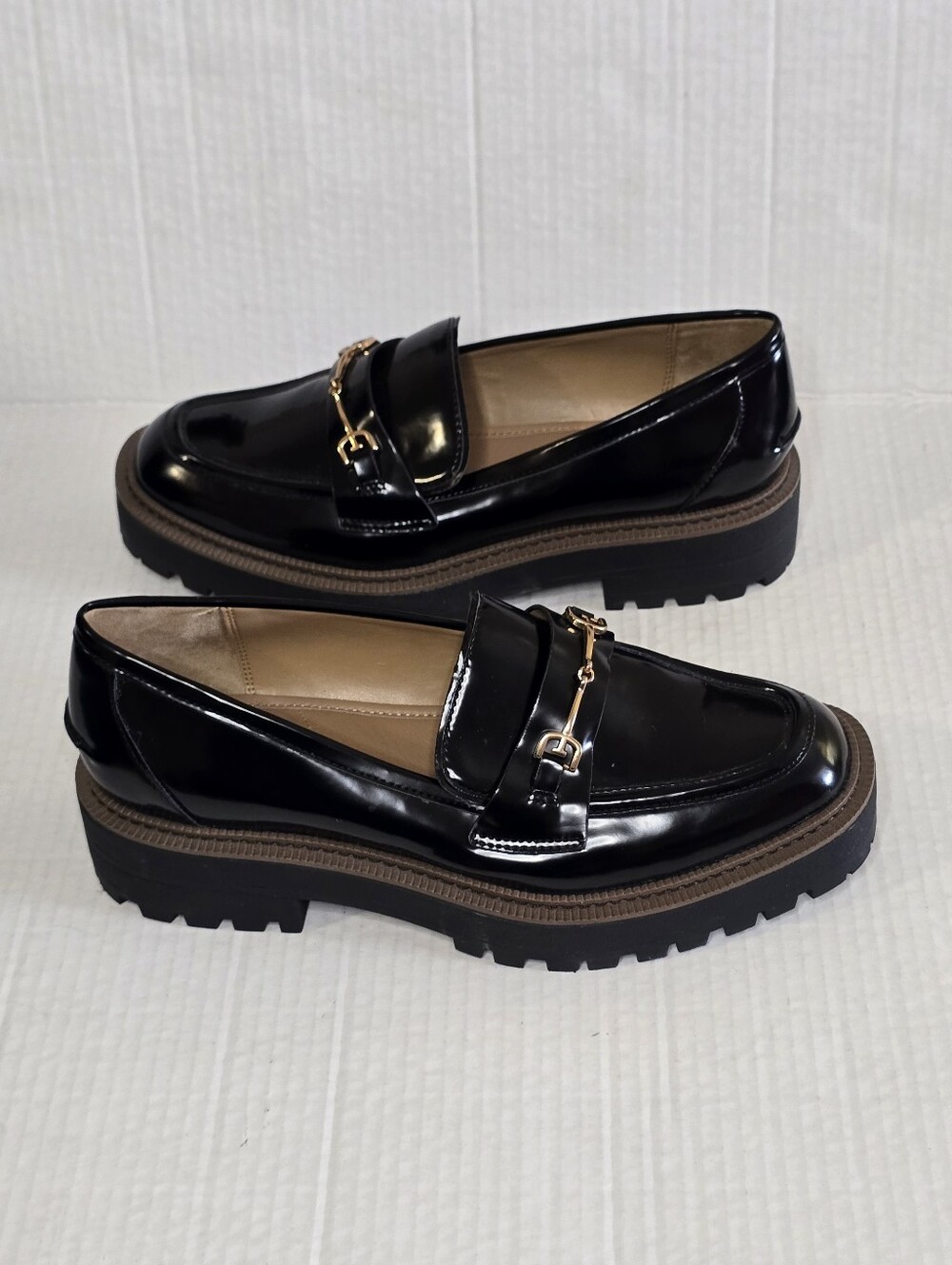 Sam Edelman Laurs Loafers Women's 10 Black Patent Gold Bit Lug Sole Chunky Retro